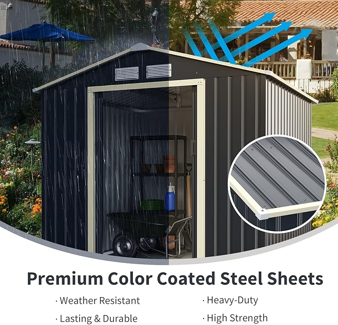 Goplus Outdoor Storage Shed, 7' X 6' Metal Garden Shed with 4 Vents & Double Sliding Door, Utility Tool Shed Storage House for Backyard, Patio, Lawn