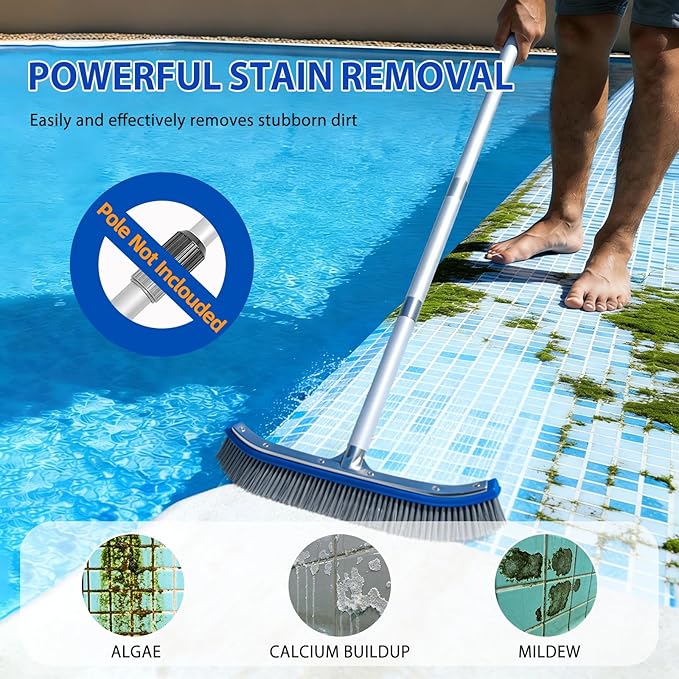 18" Wide Pool Brush Head - Combo Nylon & Stainless Steel Wire Bristles, Heavy Duty Metal Pool Brush for Extra Scrubbing Power, Curved Edge for Cleaning Inground Pool Tiles, Concrete, Walls, Corners