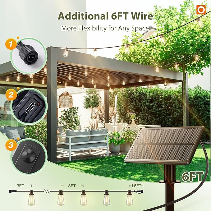 addlon 52(48+6) FT Solar String Lights Waterproof,Patio Lights Solar Powered with Remote & USB Port 16+1 LED Shatterproof Bulbs 3 Light Modes, Dimmable Solar Light for Camping Backyard Garden