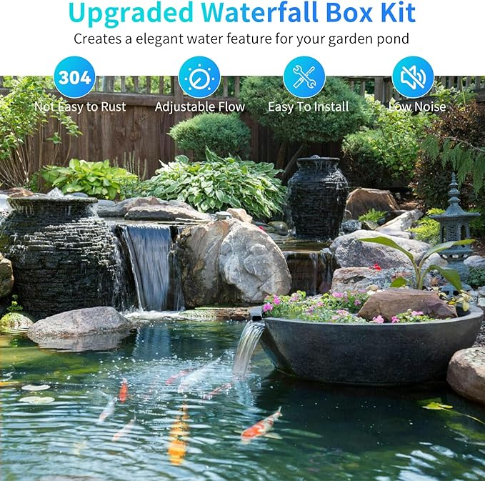 POPOSOAP 70W Pond Waterfall Spillway with Pond Pump, 304 Stainless Steel Waterfall Kit with 9.8FT Corrugated Tube Pond Waterfall Box, Pond Spillway for Outdoor Pond Waterfall Water Features-P5703H