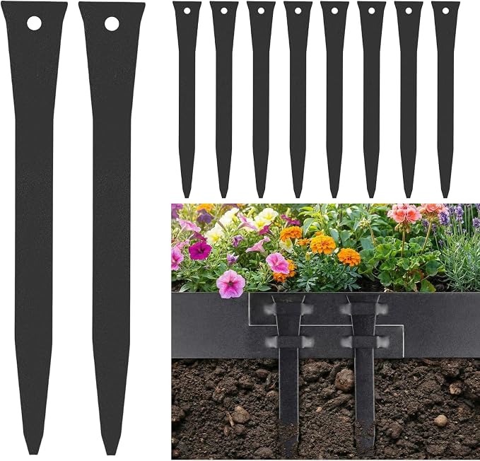 10 Pcs 12 Inch Metal Landscape Edging Stakes Galvanized Steel Garden Stakes Landscape Anchoring Spikes for Outdoor Terrace Grass Board Barrier Edging Coil Barrier Garden Lawn (Black)