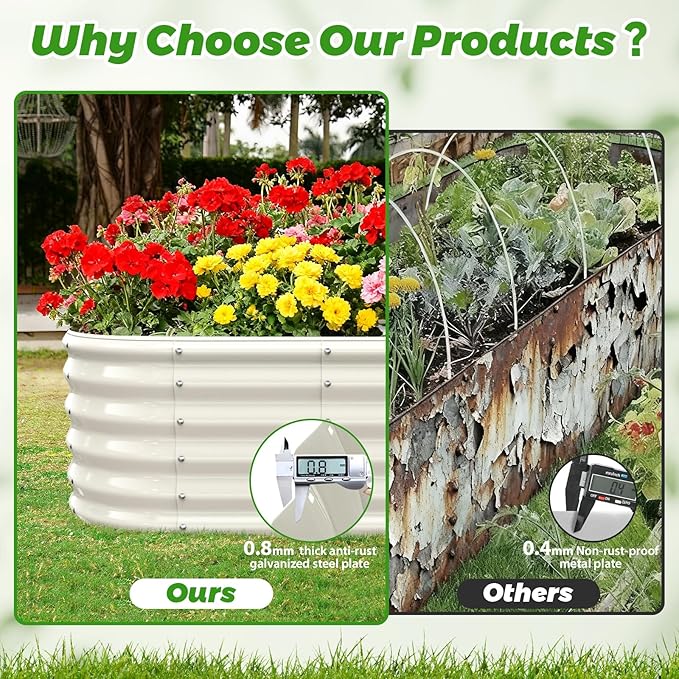 YSEJOMP 17" Tall Outdoor Garden Raised Garden Bed Kits, 5ft X 2ft Oval,0.8MM Thick Metal Raised Planter Bed/Ground Planter Box for Variety of Flowers,Herbs,Vegetables (Cream White, 60X24X16.5 Inches)