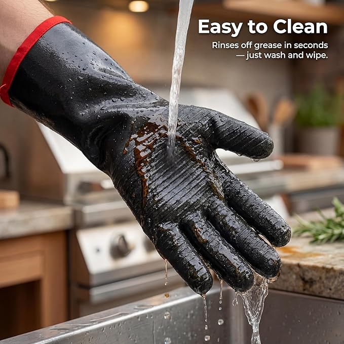 BBQ Gloves: Neoprene Heat Resistant Waterproof Grilling Gloves, 932°F Temperature Protection with Cotton Lining for Smoker, Cooking, Outdoor Barbecue and More (Size 9/L-18INCH-932℉)
