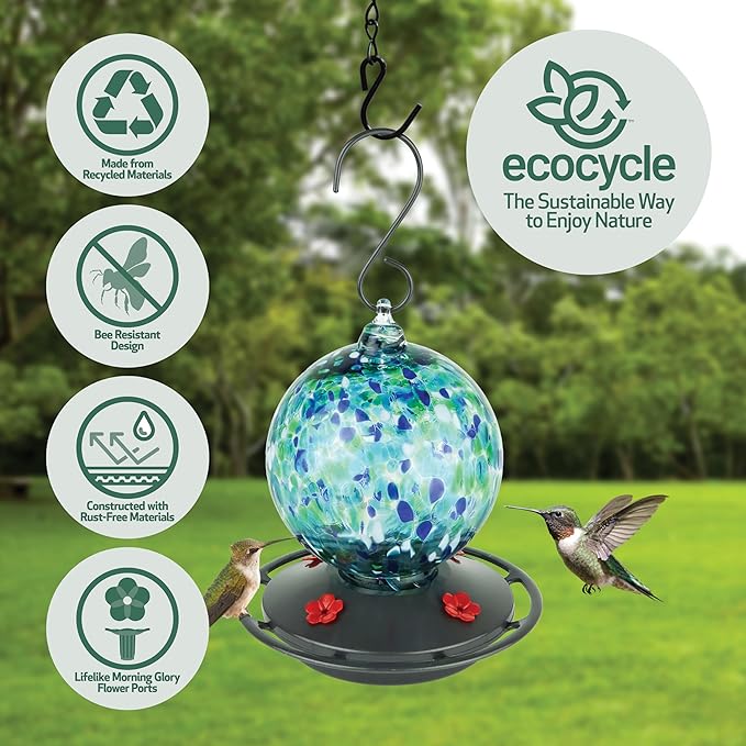 Garden Globe Handblown Recycled Glass Hummingbird Feeder for Outdoor Décor, 19 Ounce Capacity Nectar Feeder, 4 Removable Easy Clean Ports, Blue