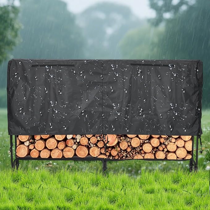 Garvee Heavy Duty 8 ft Firewood Rack Outdoor with Cover Large Steel Log Holder for Patio/Backyard, Weatherproof Wood Storage with Ventilated Design, Easy Assembly No Tools Needed