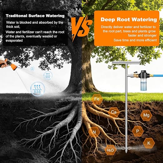 Deep Root Watering Tool for Trees - Stainless Steel Root Feeder with Fertilizer Bottle, Watering Wand Irrigation System with Brass Valve T-Handle for Garden, Orchard & Shrubs Irrigation Growth System