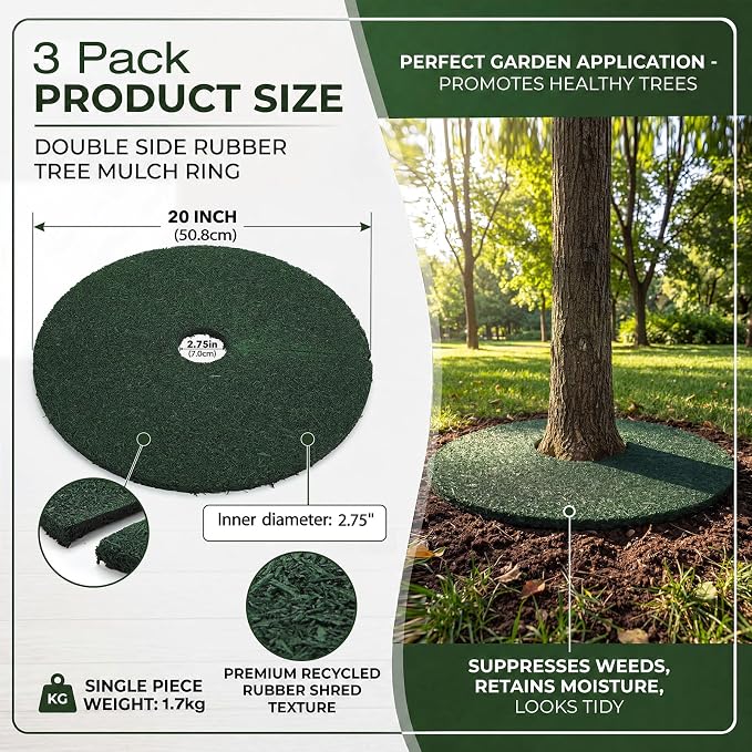 Peryiter 3 Pcs Double Side Rubber Mulch Tree Ring Heavy Duty Rubber Mulch Mat Tree Protector Weed Barrier Mats Reversible Round Root Ring for Prevent Weed Grass Animal Dig (20 Inch,Green and Black)