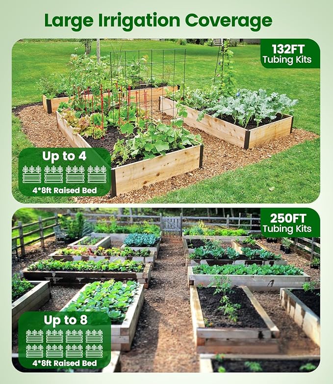250FT Drip Irrigation Tubing Kit with 1/2 Irrigation tubing, 1/4 inch Dripline, and Irrigation Parts for Garden, Raised Beds, and Greenhouse Watering
