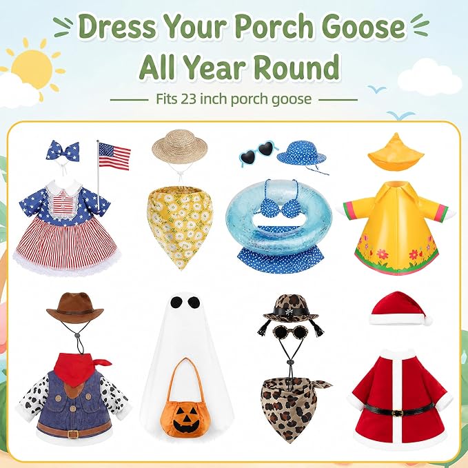 8 Sets Porch Goose Outfits Clothes All Seasons Bundle for Summer Houston Rodeo Spring Easter 4th of July Fall Halloween Christmas Decoration for 23 inch Porch Goose Lawn Yard Decor
