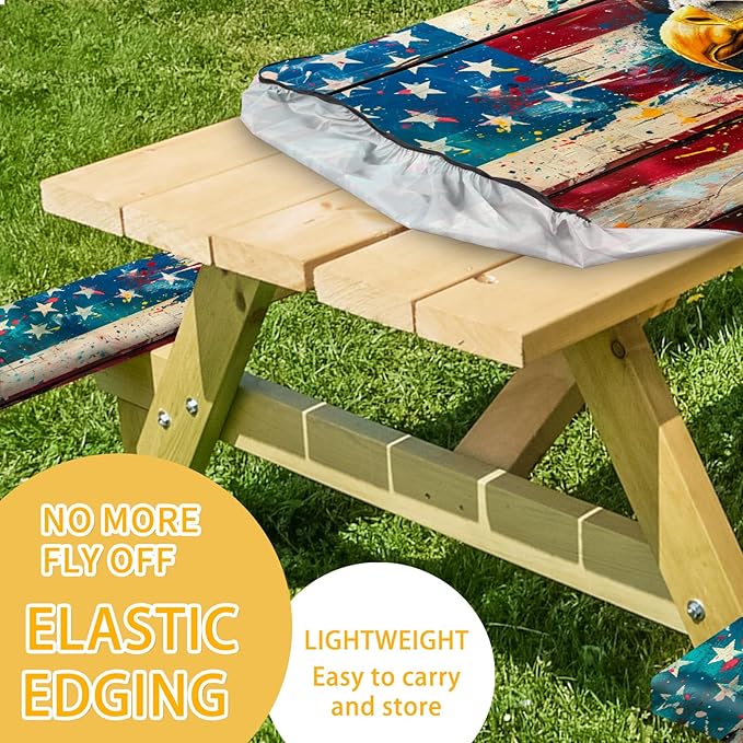 Picnic Table Cover with Bench Covers Camping Essentials Waterproof Windproof Camping Tablecloth with Elastic, Fits Table 30"x 72" Rectangle and Seats, Wood Grain American Flag