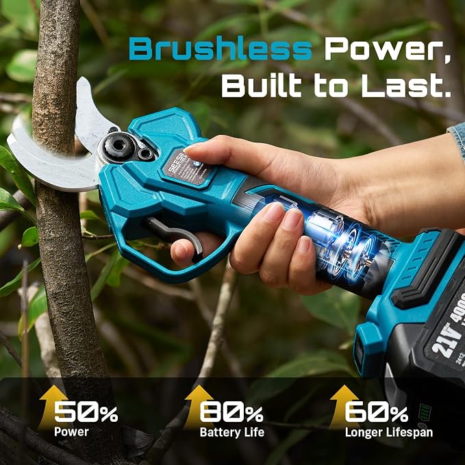 SEESII Electric Pruning Shears Cordless: Up to 1.6" Cutting Diameter Power Pruner - 2 Pcs 4.0Ah Batteries, Brushless Motor, Extra SK5 Blade, 4 Modes Adjustable Branch Cutter for Tree Flower Trimming