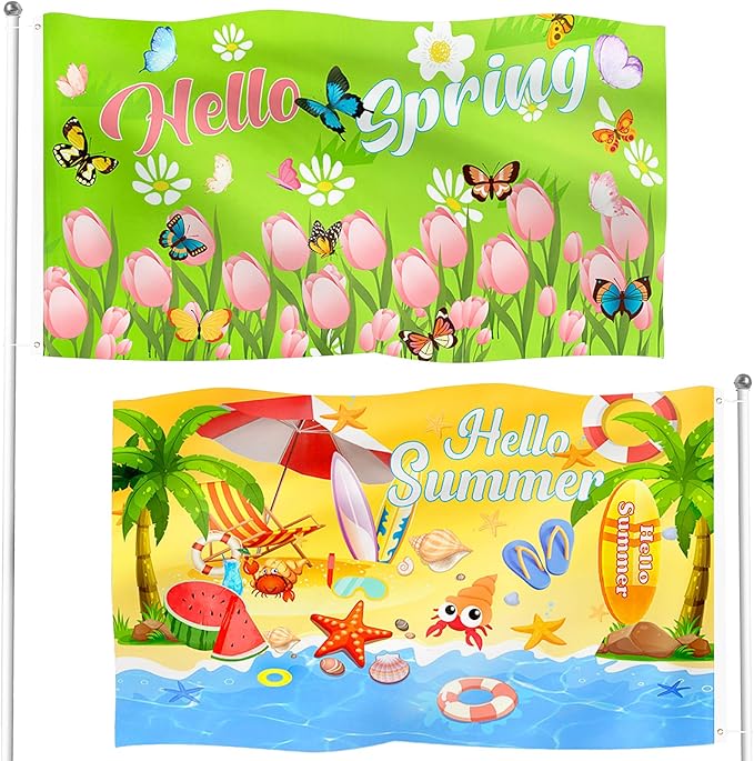 2Pcs Seasonal Garden Flag 3 x 5 ft Spring Summer Yard Flags for Outside Double Sided Holiday Flag Banner with Grommets Welcome Spring Summer Flag for Garden Home Farmhouse Indoor Outdoor Decorations