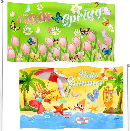 2Pcs Seasonal Garden Flag 3 x 5 ft Spring Summer Yard Flags for Outside Double Sided Holiday Flag Banner with Grommets Welcome Spring Summer Flag for Garden Home Farmhouse Indoor Outdoor Decorations