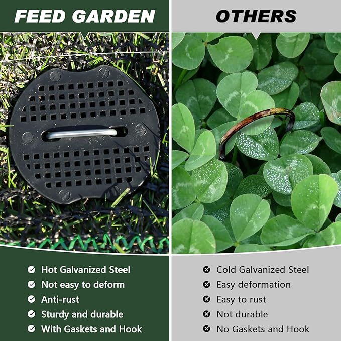 FEED GARDEN Landscape Staples 6 Inch 50 Pack Kit, Heavy Duty 11 Gauge Hot-Dip Galvanized Garden Stakes with 50 Gaskets & 1 Pick Hook for Weed Barrier, Landscape Fabric, Sod, Turf & Garden Edging