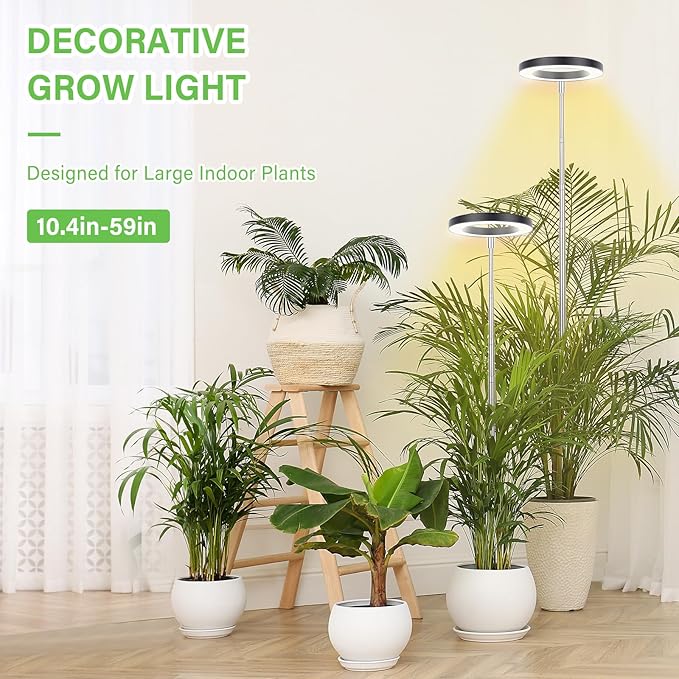 LBW Plant Grow Light, 72 LEDs Full Spectrum Grow Lights for Indoor Plants, Plant Lamp with 4 Dimmable Levels, 4/8/12H Timer, 10.4”-59”Height Adjustable, Halo Plant Lamp for Tall Plants, Black, 2 Pack
