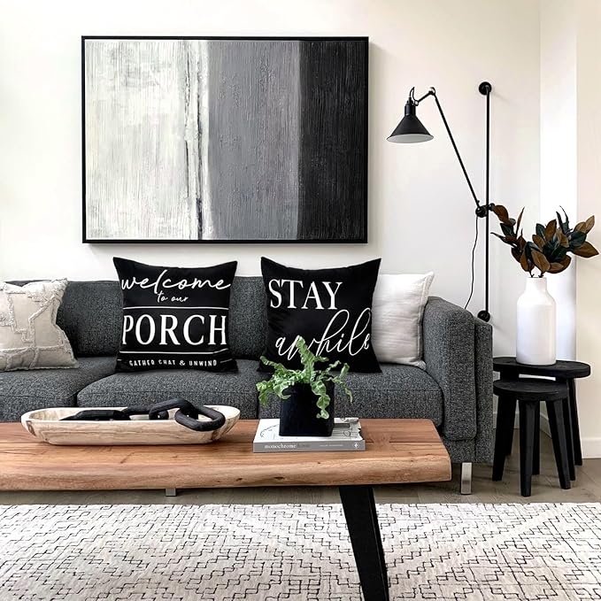 TAJWE Outdoor Pillow Covers Waterproof 18x18 Set of 2 Black and White Decorative Welcome to Our Porch Stay Awhile Cushion Cases for Patio Furniture Sofa Couch Decor