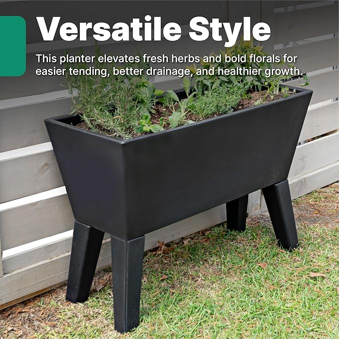 Step2 Tremont Raised Planter, Large Planters for Outdoor Plants, Gardening and Flower Pot for Patio or Porch, Efficient Drainage, Durable Plastic, Black, 1-Pack