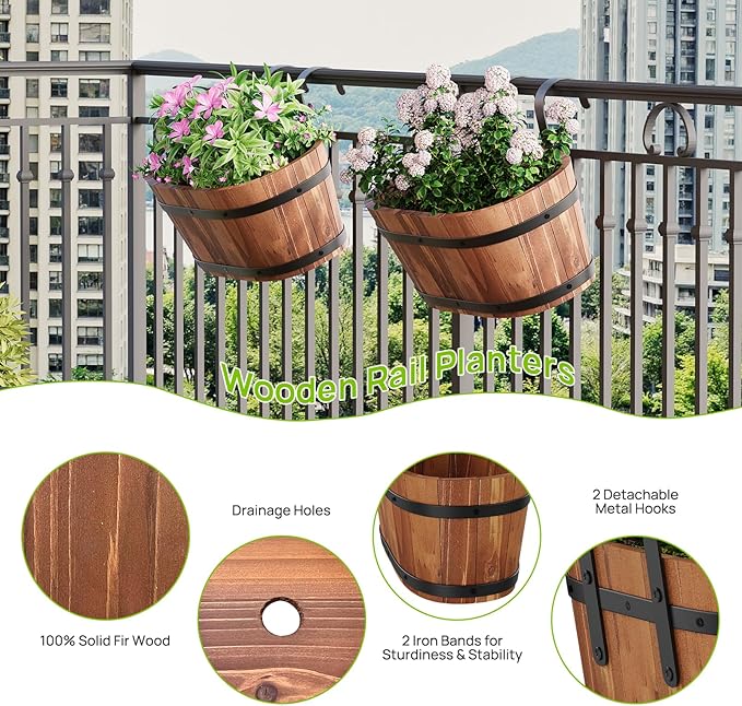 2pcs Wooden Hanging Flower Pots for Railing Fence Outdoor Planter Railing Planter Boxes for Plants Wall Planters Window Flower Box Hanging Bucket Pots Countryside plant Holder (Brown,2pcs,Large)