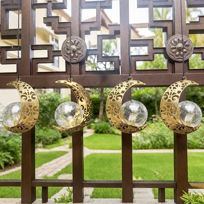 Solar Lanterns Outdoor Waterproof Decor, 4 Pack Hanging Moon Garden Lights Metal Crescent & Crackle Glass Globe, Outside LED Light for Garden, Yard, Patio, Tree, Housewarming Gifts for Women Mom