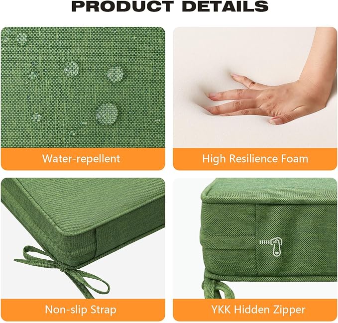 Unimatta Square Corner Seat Cushions, 19" x 19" x 3", Set of 4, Indoor Outdoor Water Repellent Universal Chair Pads with Ties for Patio Furniture, Garden Deck Dining Chairs, Lawn Green