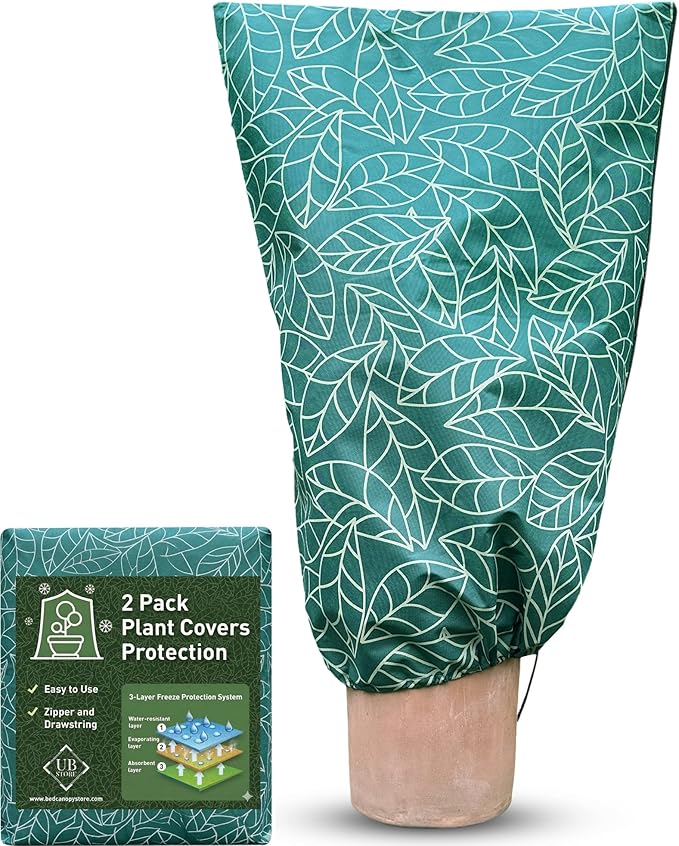 Plant Covers Freeze Protection 32"x47" in 2 Pack | Green Winter Frost Blankets for Outdoor Plants | Reusable Garden Cover Bags with Zipper Drawstring | Cold Weather Shrub Protection Cloth