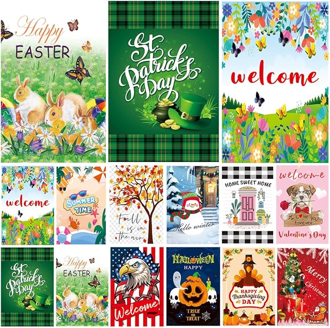 Seasonal Garden Flags Set of 12, 12 x 18 Inch Double-Sided Yard Flags for Spring Summer Fall Winter and Holiday Decorations, Weather Resistant Outdoor Welcome Flag Set (No.1)
