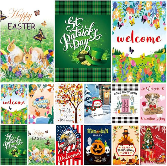 Seasonal Garden Flags Set of 12, 12 x 18 Inch Double-Sided Yard Flags for Spring Summer Fall Winter and Holiday Decorations, Weather Resistant Outdoor Welcome Flag Set (No.1)