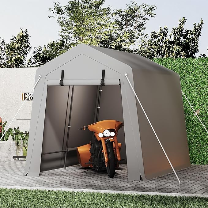 Portable Carport Storage Shed, 6' x 8' Motorcycle Tent, Waterproof & UV-Resistant with Roll-Up Zipper Doors, Gray Outdoor Shelter for Bikes, Tools & Equipment