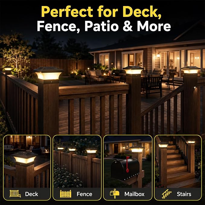 T-SUN 4X4 Solar Post Cap Lights, 6 Pack Warm White LED Fence Post Solar Lights, Outdoor Waterproof Post Lights for Wood & Vinyl Fence Posts, Deck, Patio Railing, Porch, Black