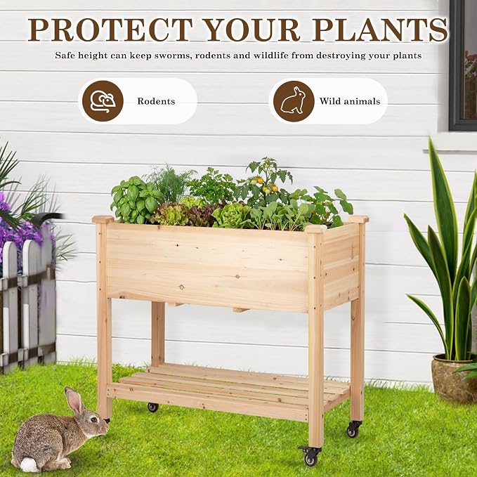 Raised Garden Bed with Lockable Wheels, 32x16x32 inch Elevated Wood Planter with Storage Shelf Protective Liner for Vegetable Flower Herb Outdoor Balcony Patio Backyard, Natural