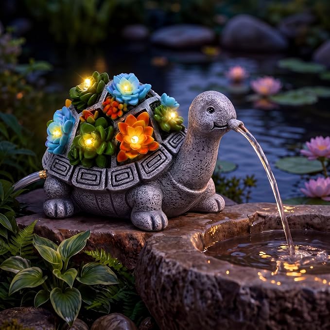 Jetec Solar Garden Statue Fountain Turtle, Pond Water Spitter Aerator, Lawn Decor Tortoise Statue with Succulent and LED Lights for Outdoor Patio, Yard, Ponds, Water Garden Decor