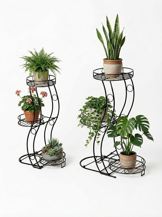2-Pack Heavy Duty Metal Plant Stand Set (Large & Small) - No Assembly Required - 3 Tier Corner Plant Shelf for Indoor Outdoor - 26" & 23.4" H Wrought Iron Flower Pot Holder Display Rack, Rustproof Black