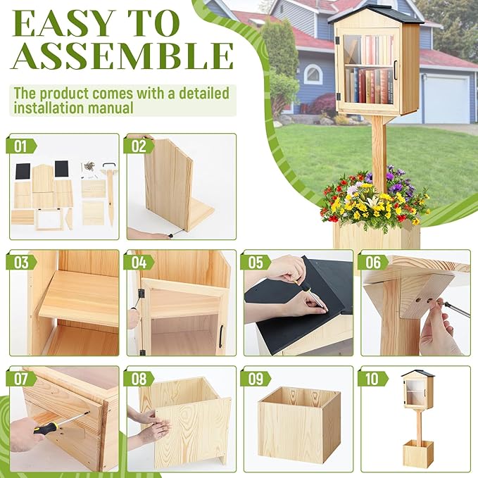 Wonderjune Little Library Box Outdoor, Durable Weatherproof Solid Wood Book Exchange Box with Floor Plugs and Small Flower Fence for Community, Literature, School Sharing Book(Natural Wood,Steepletop)