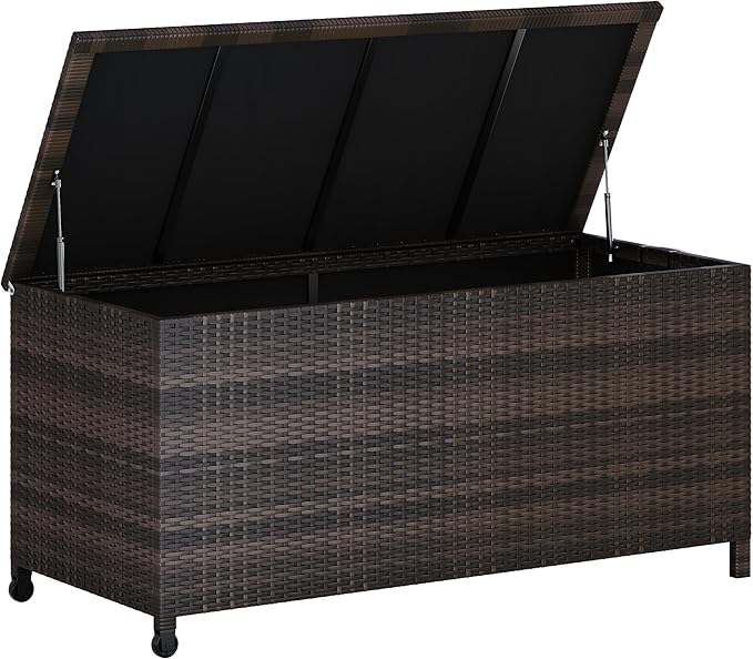 125 Gallon Outdoor Deck Box with Wheels, Waterproof PE Wicker Rattan & Aluminum Frame Storage Bin for Patio Cushions, Garden Tools, Pool Toys, Lockable Patio Furniture(Brown)