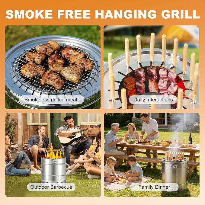 2-in-1 Charcoal Grill & Fire Pit, Vertical Barrel Grill for Outdoor BBQ | Portable Camping Grill with 360° Even Heating, Low Smoke Oil-Ash Separation, Stainless Steel for Backyard Parties(L)