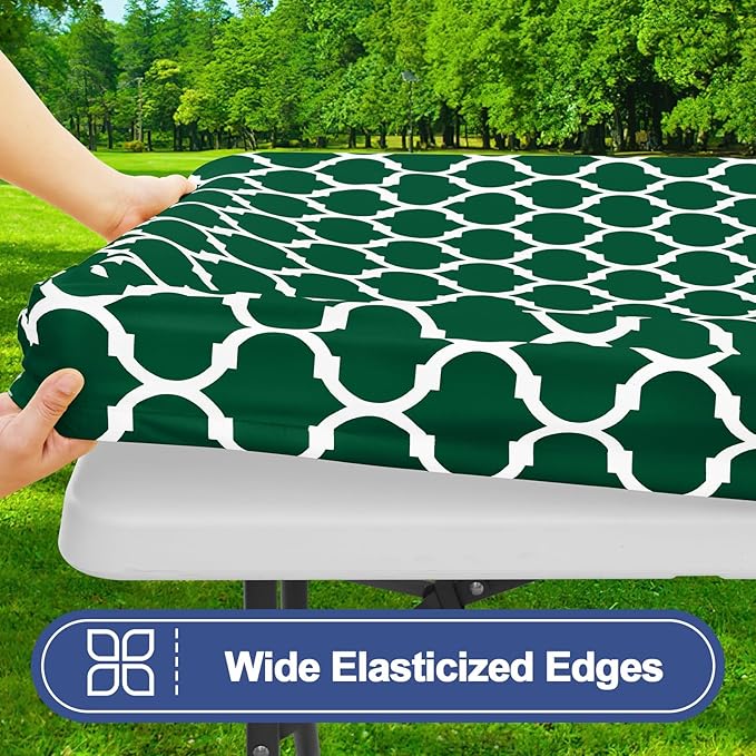 Smiry Picnic Table Cover with Bench Covers, Waterproof Elastic Fitted Tablecloth for 8 Foot Tables, Washable Polyester Tablecloths for Camping, Indoor & Outdoor (Emerald Green, 30x96 Inch 3-pc Set)