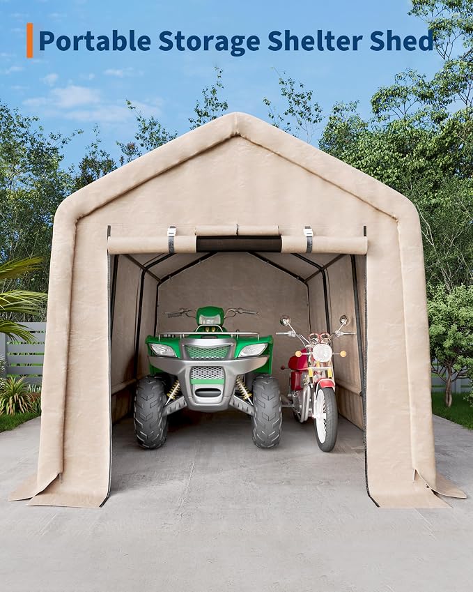 GarveeLife Outdoor Portable Storage Shed with Roll-Up Door & Vent, 240G Heavy-Duty Shelter Waterproof PE Tarp, UV-Resistant Storage Sheds for Motorcycle, Firewood, Garden and Tools (Khaki, 10'x15')