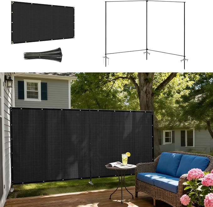 Windscreen4less Outdoor Privacy Fence Screen, 5'x2' Freestanding Privacy Fencing Set with Iron Poles and Ground Spikes, UV Resistant Mesh Cover Garden Pet Fencing for Backyard Patio Pool, Black