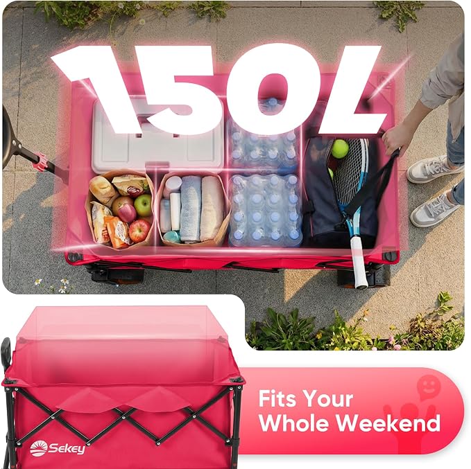 Sekey 150L Wagons Carts Foldable with Big All-Terrian Beach Wheels, Collapsible Heavy Duty Wagon, Extra Large Folding Wagon, Foldable Wagon for Camping, Garden, Sports. Pink