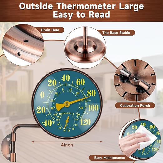 4 Inch Outdoor Thermometer and Humidity Gauge, Analog Brass Thermometer Hygrometer Combo with Large Blue-Green Dial, Fahrenheit/Celsius, Waterproof for Patio, Garden, Indoor Wall or Desk with Stand