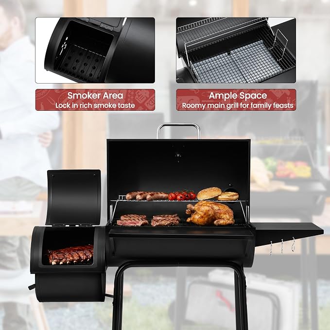 Royal Gourmet CC1830S BBQ Charcoal Grill and Offset Smoker | 823 Square Inch cooking surface, Outdoor for Camping | Black