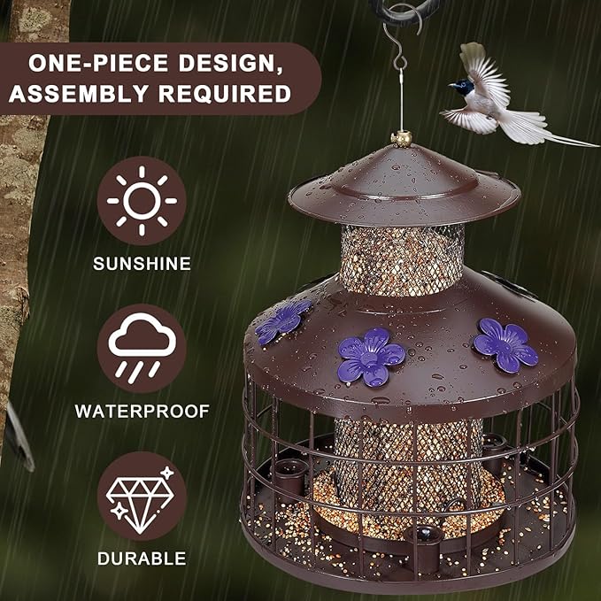 Squirrel Proof Bird Feeder with 3 Water Cups, 4.2LB Large Capacity Outdoor Hanging Bird Feeder with Metal Cage, One-Piece Design No Assembly Needed, Weather Resistant & Stylish for Garden, Yard