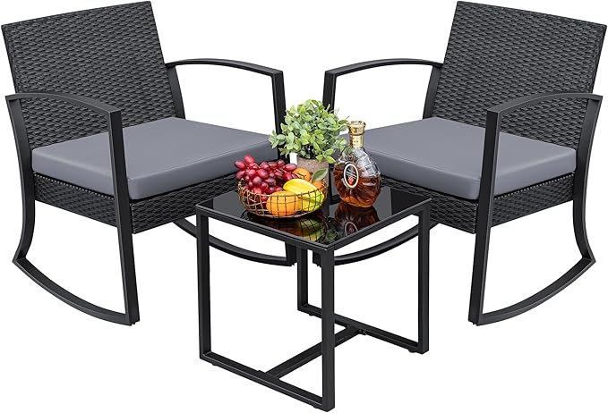 Greesum 3 Pieces Outdoor Furniture Set Patio Bistro Rocking Chairs with Glass Coffee Table for Pool Beach Backyard Balcony Porch Deck Garden, Light Gray