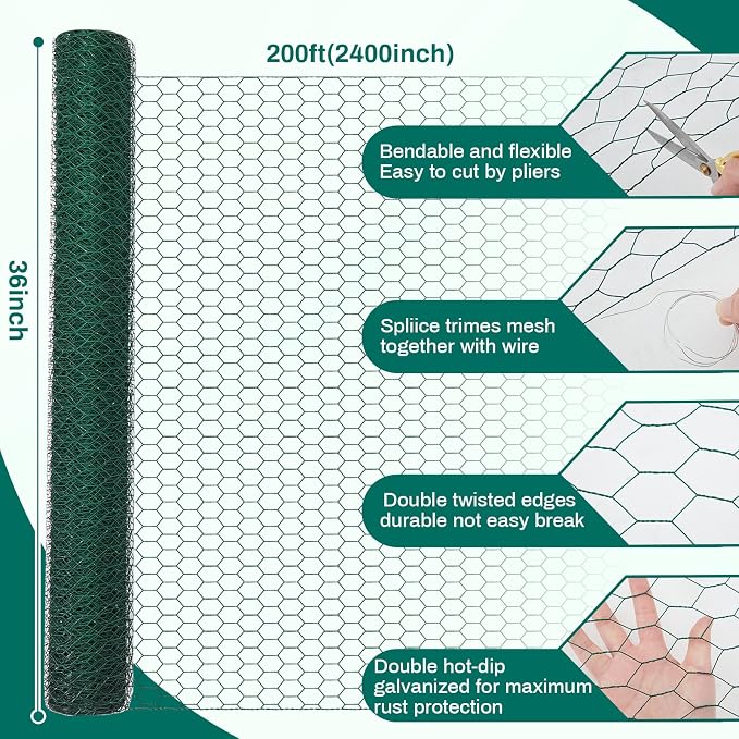 GlikCeil 36 in x 200 ft Chicken Wire Fencing Metal Floral Chicken Wire Mesh for Crafts Poultry Garden, 1 Inch Hexagonal Galvanized Hardware Netting for Poultry Coop Barrier Rabbit Cage (Green)