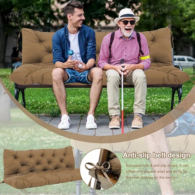 Extra Thick 5" Waterproof Porch Swing Cushions Outdoor 60 inch Swing Cushions 3 Seater Replacement with Backrest and Ties for Outdoor Furniture Patio Bench Garden (Brown)