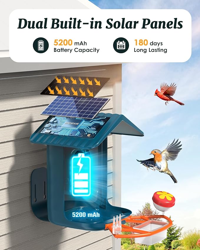 Bird Feeder with Camera Solar Powered, 2K Live Arrival Alert Auto Capture Video with 32GB TF Card, AI Identify Smart Camera Bird Feeder Ourdoor Backyard Gift for Mom Dad Birdlover, 2.4G WiFi