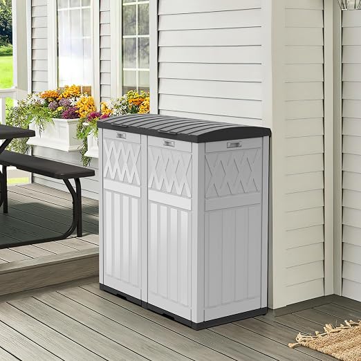 DWVO 76 Gallon Garbage Dual Can, Resin Outdoor Trash Can with Tiered Lid and Drip Tray, Waterproof Trash Bin for Patio,Kitchen,Backyard(Grayish-White)