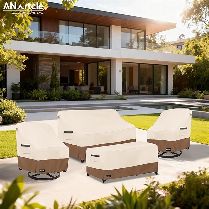 ANartcle Patio Furniture Covers 4 Piece Set, 600D Waterproof Heavy Duty Outdoor Furniture Covers,Fit Wicker Patio Sofa, Swivel Rocker Chair and Coffee Table,Beige&Brown