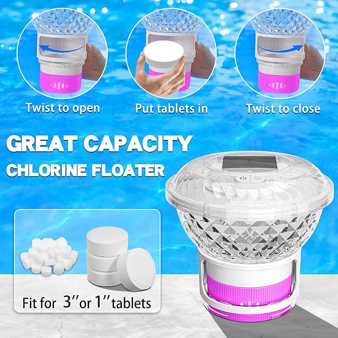 FineBud2025 Upgrade Solar Chlorine Floater, Pool Chlorine Floater with Colorful Light, Button Control Floating Chlorines Dispenser for Pool, Adjustable Flow chlorines floaters (Pink)