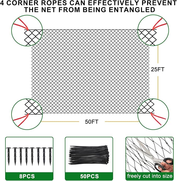 BSTPCOO Bird Net 25'x50' Bird Netting for Chicken Coop Roof, Nylon 3/4" Mesh Poultry Netting Garden Nettings for Fruits Trees Plant, Aviary Nettings Deer Fence Trellis Net